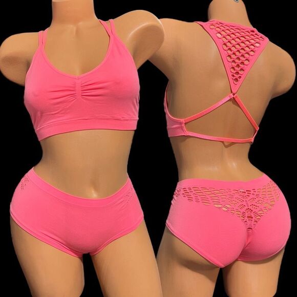 Victorias Secret Set Unlined mesh detail bralette & Hiphugger Panty pink coral M - Picture 1 of 3